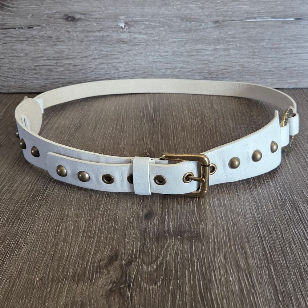White Studded Women's Belt with Brass Buckle XL